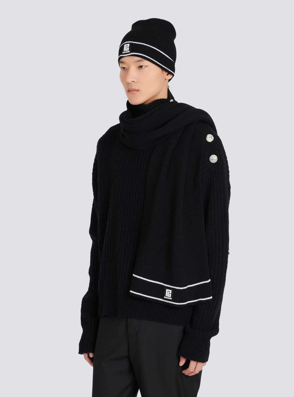 Balmain Wool Scarf With Balmain Logo Black | IGSYKJN-17