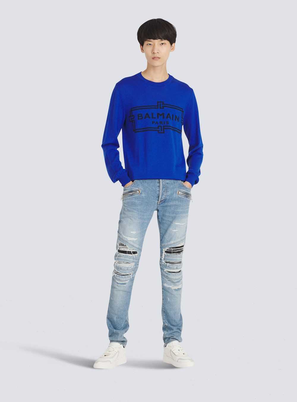 Balmain Wool Sweater With Balmain Paris Logo Blue | GOUXMPS-83