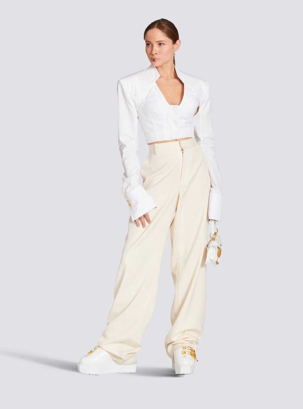 Balmain Wool Wide-leg Trousers White | TFXDNOC-67